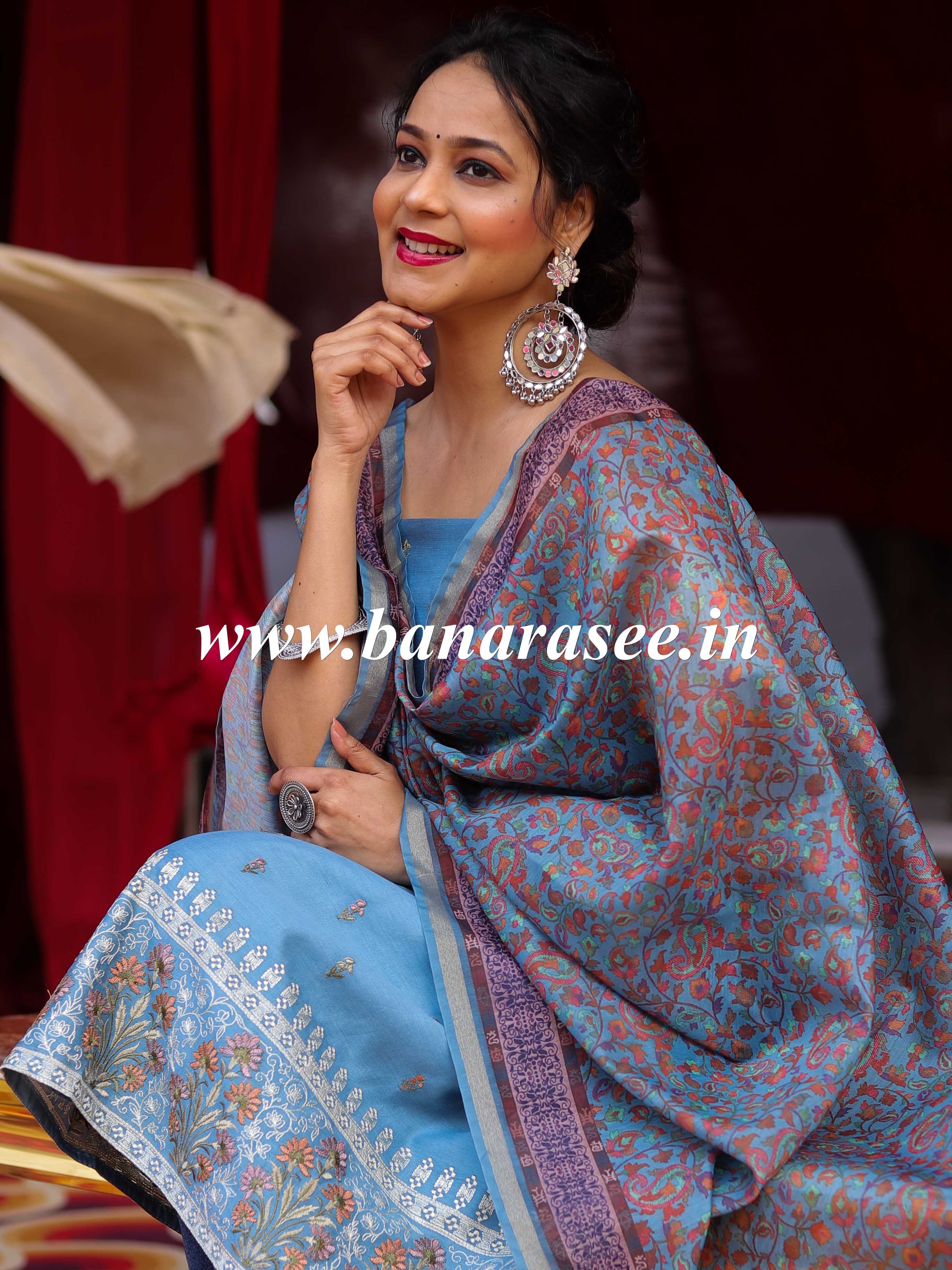 Banarasee Handloom Chanderi Silk Salwar Kameez With Chikankari Embroidery & Digital Print Dupatta-Pastel Blue