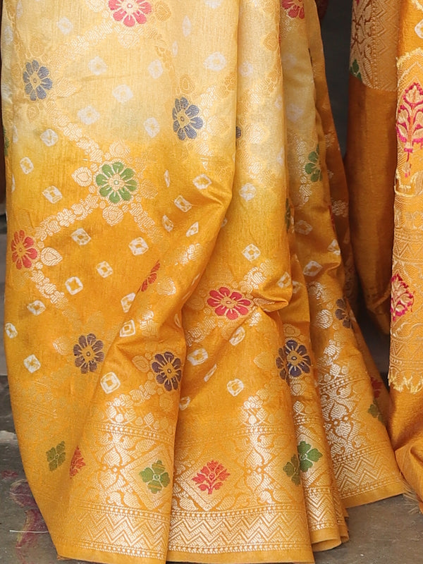 Banarasee Handwoven Semi-Silk Saree With Bandhej & Floral Zari Border-Yellow
