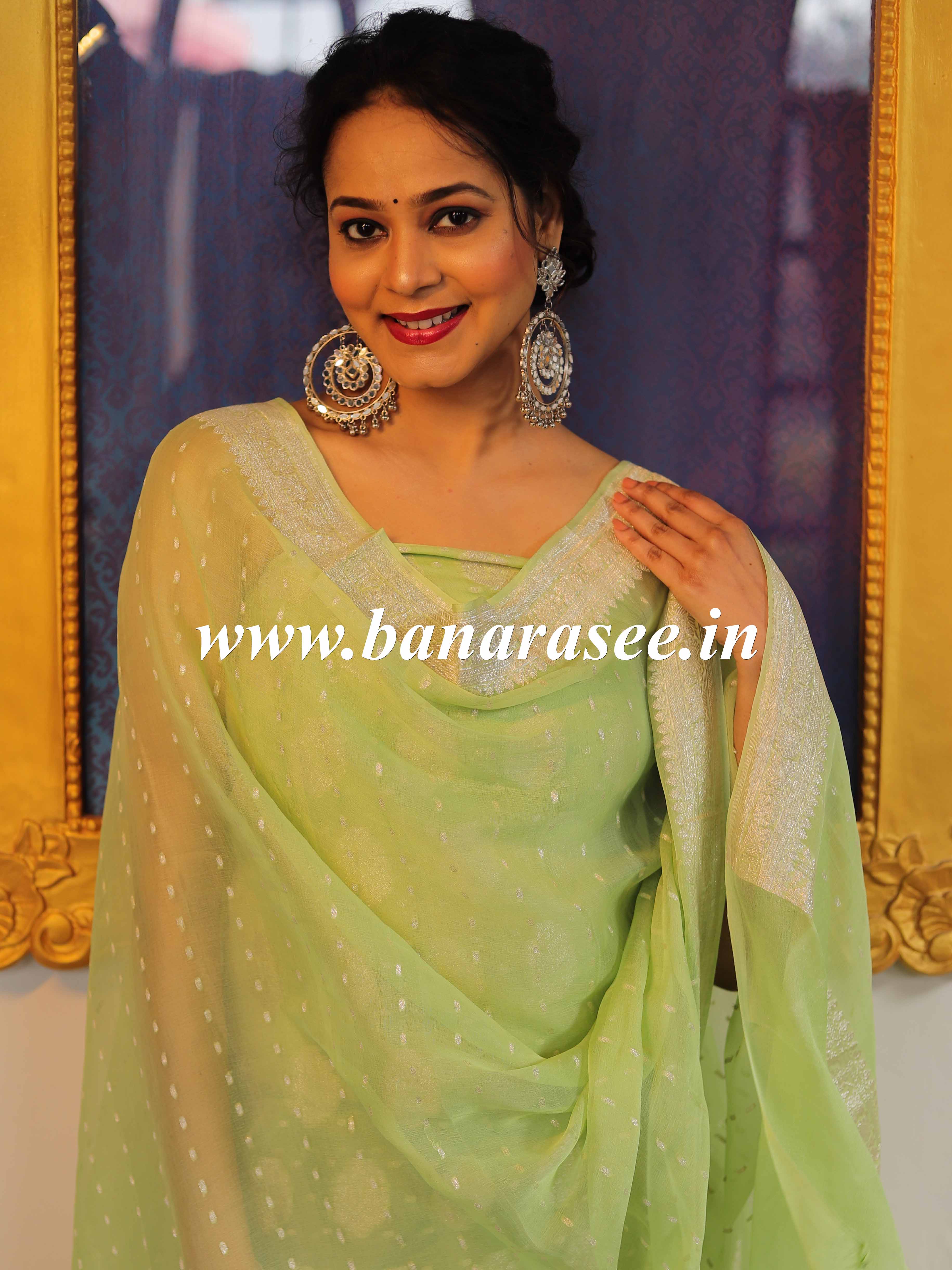 Banarasee Handloom Pure Chiffon Silk Kameez Fabric With Silver Zari Buta Dupatta-Green