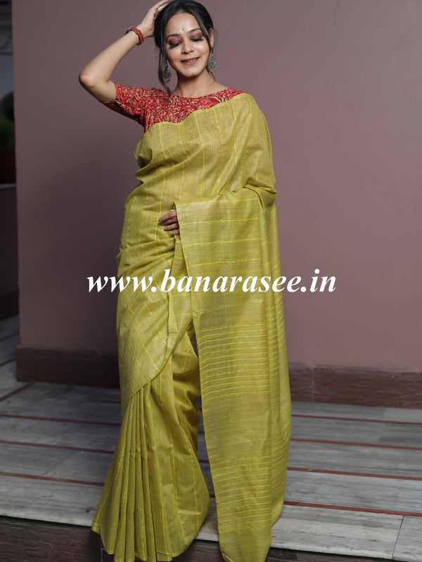 Bhagalpur Cotton Silk Ghichha Work Saree-Lime Green