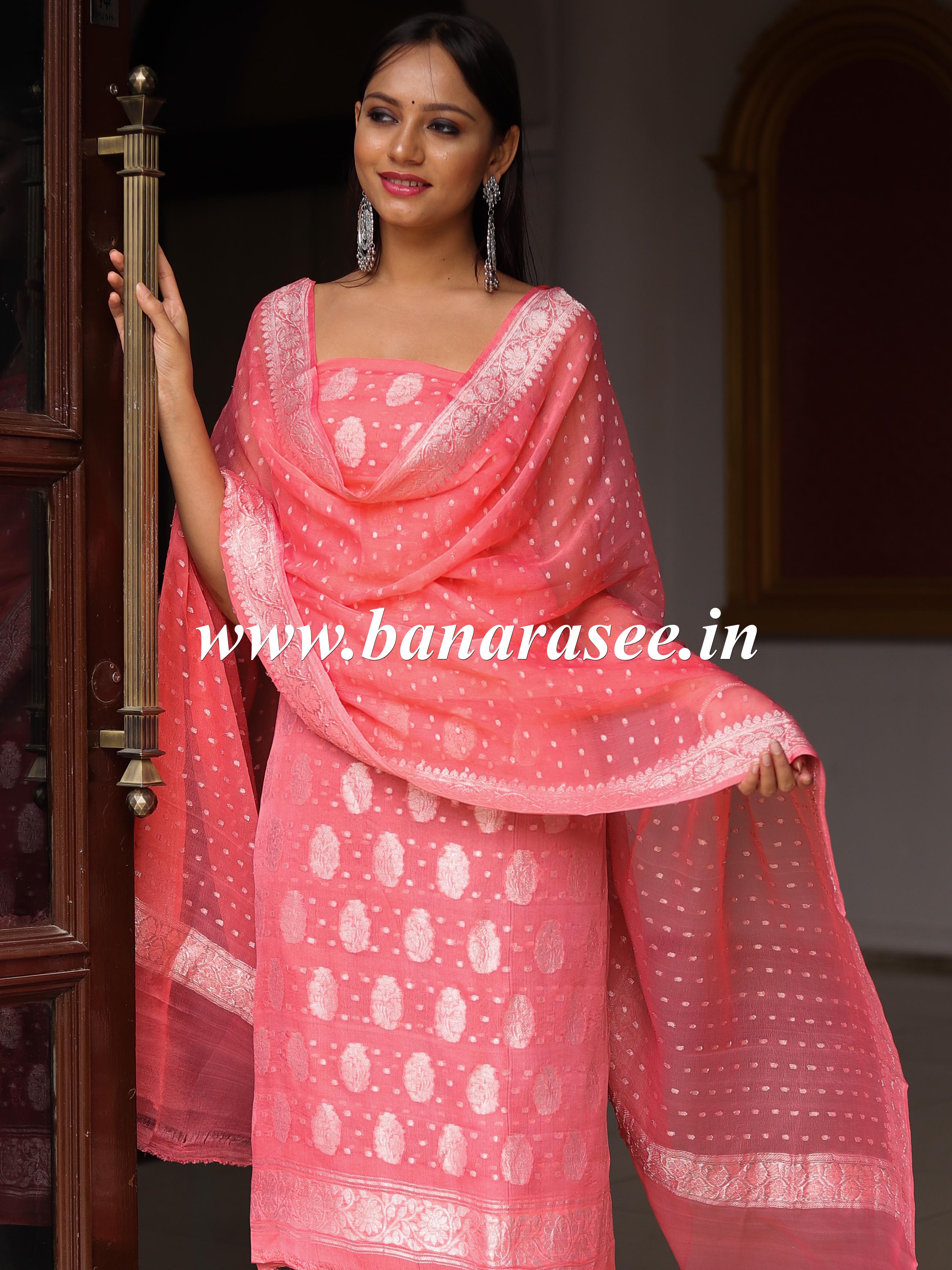 Banarasee Handloom Pure Chiffon Silk Kameez Fabric With Silver Zari Bu