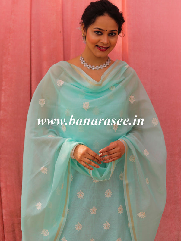 Banarasee Handloom Chanderi Silk Salwar Kameez Fabric With Chikankari Embroidery-Sea Green