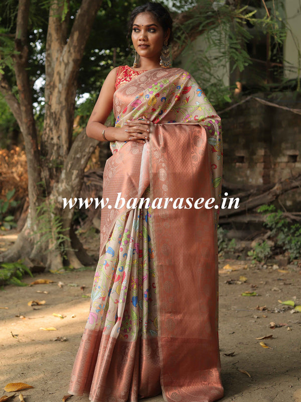 Banarasee Handwoven Semi Silk Saree With Digital Print & Broad Zari Border-Beige