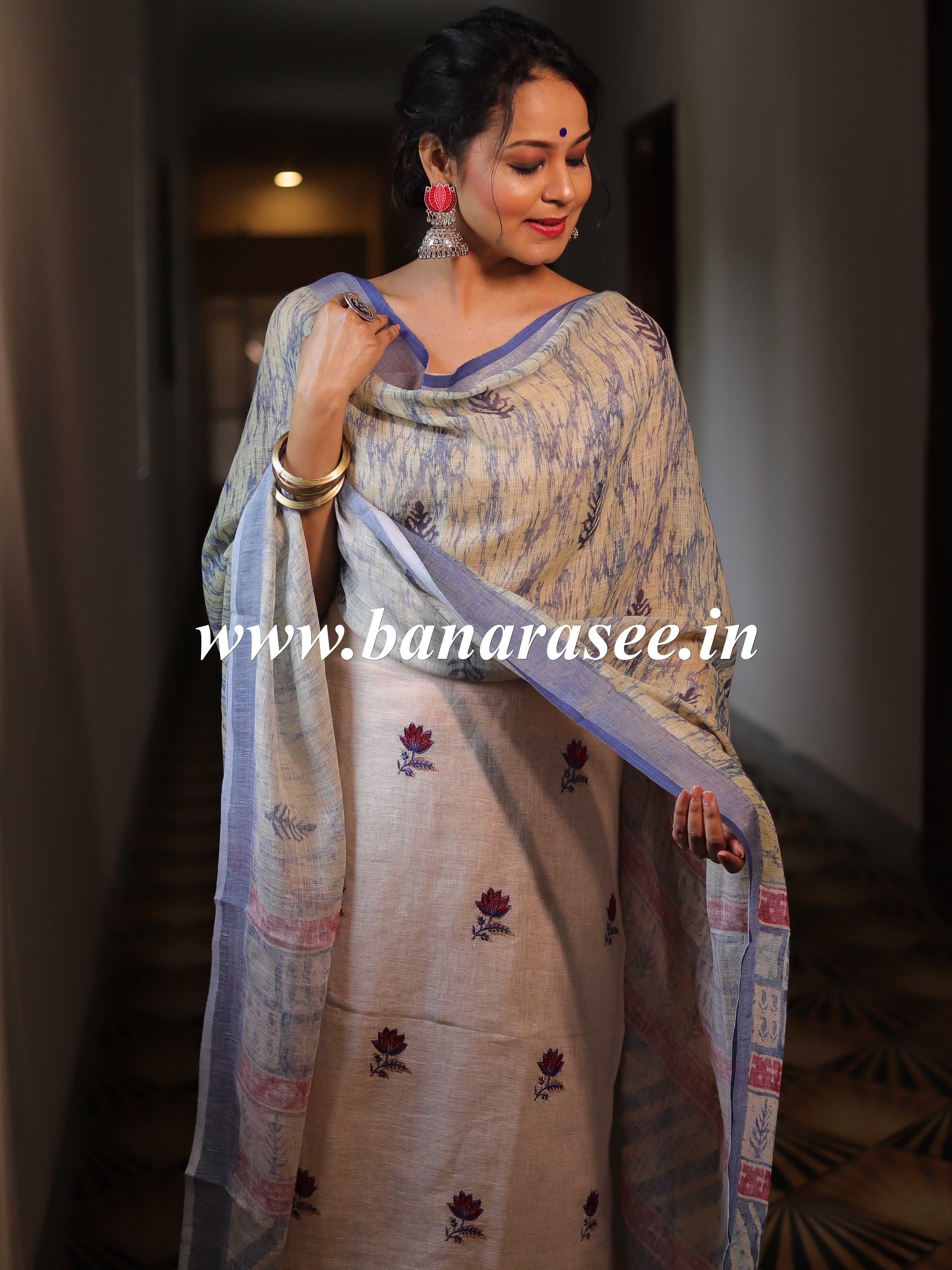 Banarasee Pure Handwoven Linen Salwar Kameez With Embroidered Design-Beige