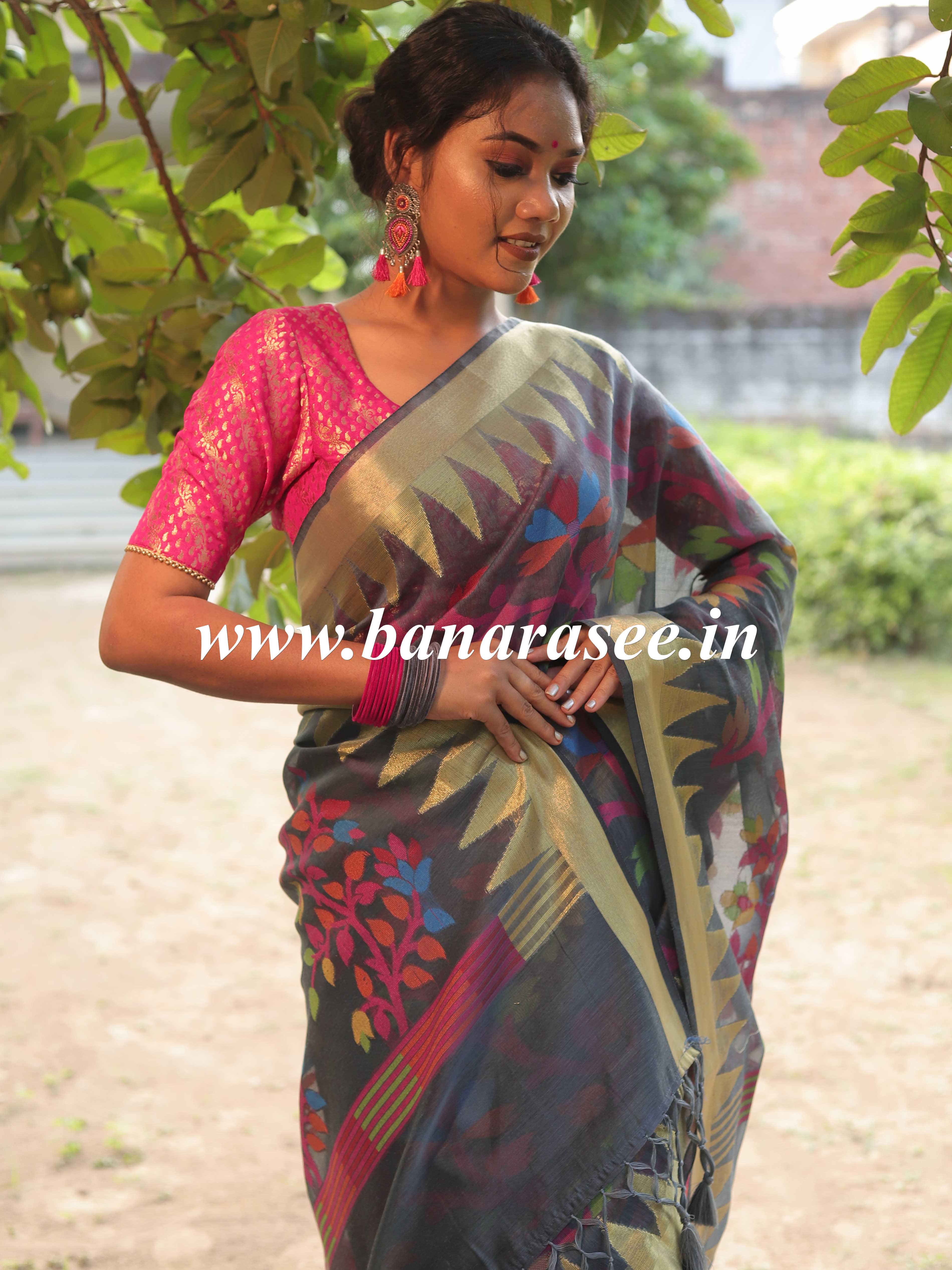 Banarasee Handwoven Silk Cotton Jamdani Saree With Resham & Zari Desig