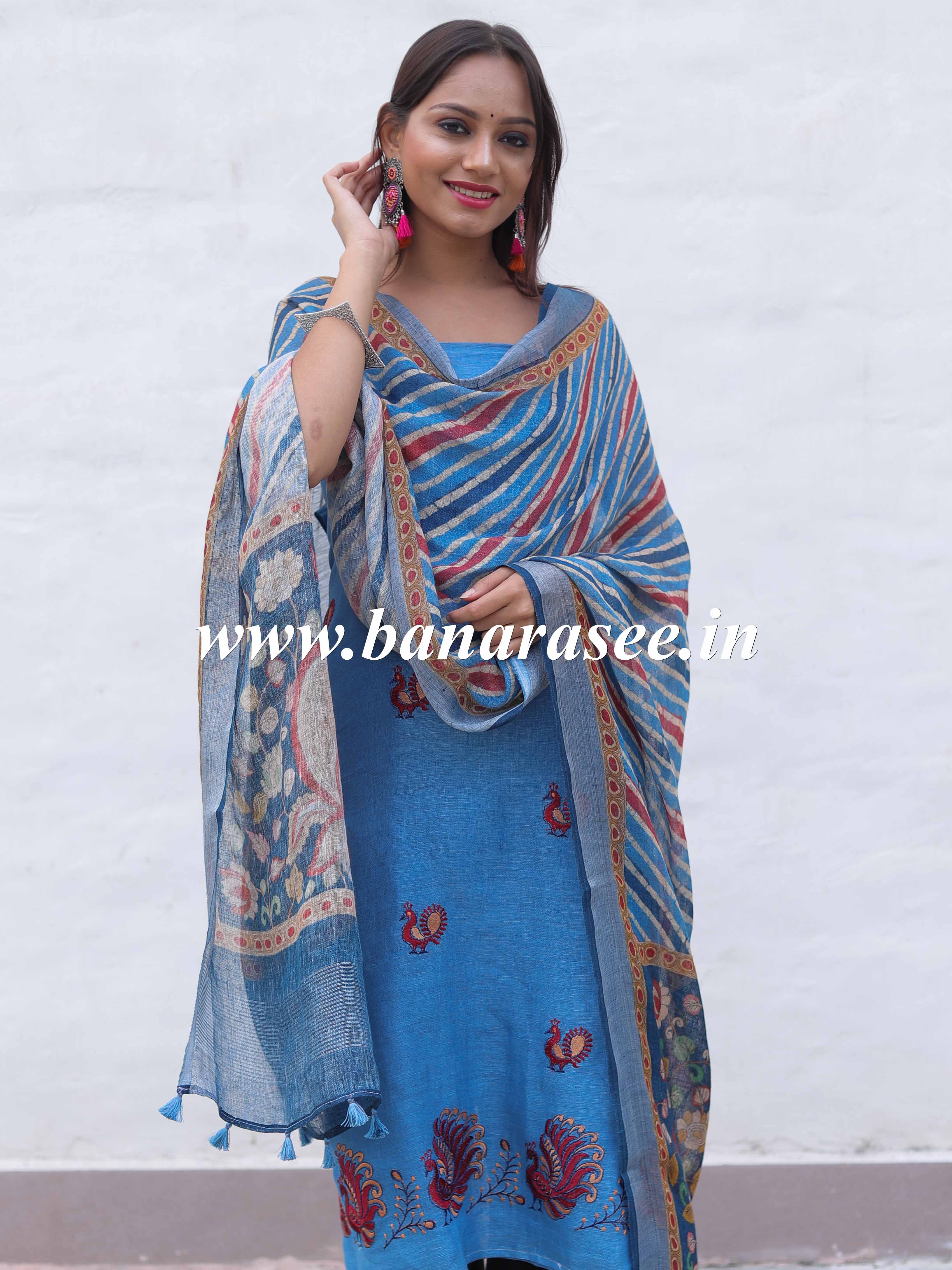 Banarasee Pure Handwoven Linen Salwar Kameez With Embroidered Design-Blue