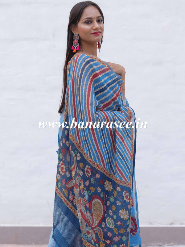 Banarasee Pure Handwoven Linen Salwar Kameez With Embroidered Design-Blue