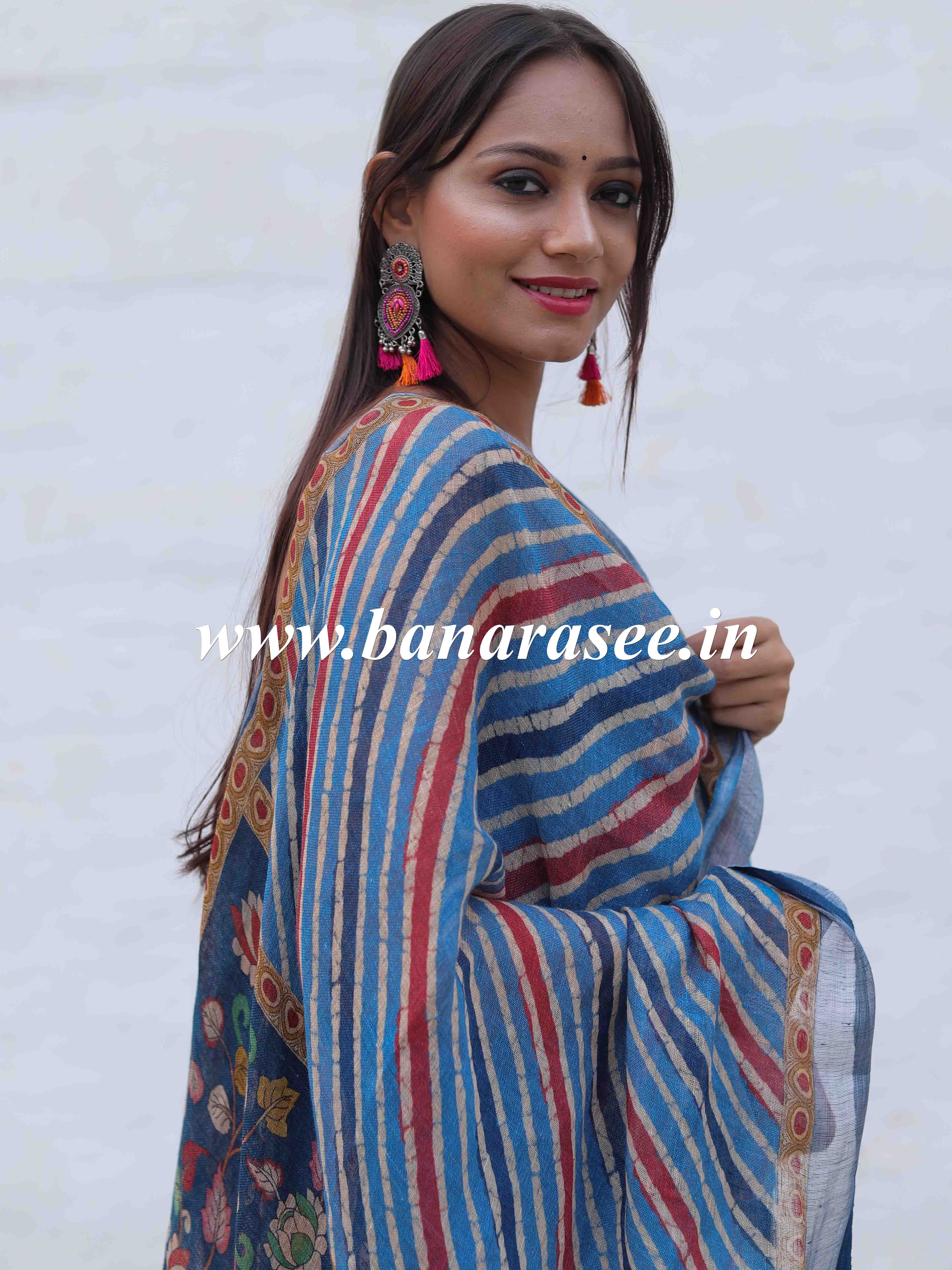 Banarasee Pure Handwoven Linen Salwar Kameez With Embroidered Design-Blue