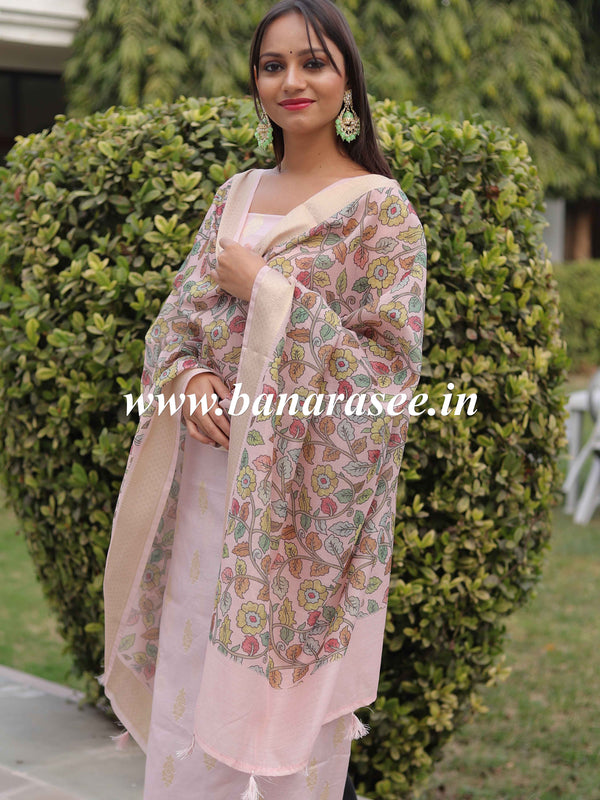Banarasee Handloom Chanderi Cotton Salwar Kameez With Digital Print Dupatta-Pink