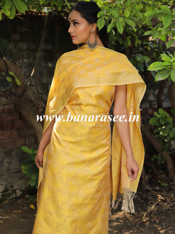 Banarasee Semi-Silk Salwar Kameez Fabric With Resham Design-Yellow