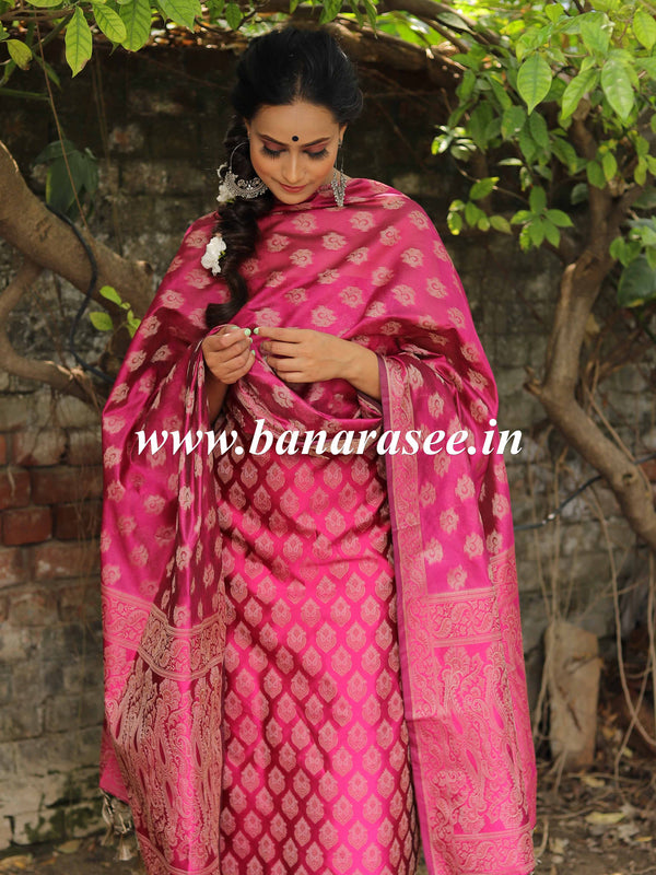 Banarasee Semi-Silk Salwar Kameez Fabric With Resham Design-Pink