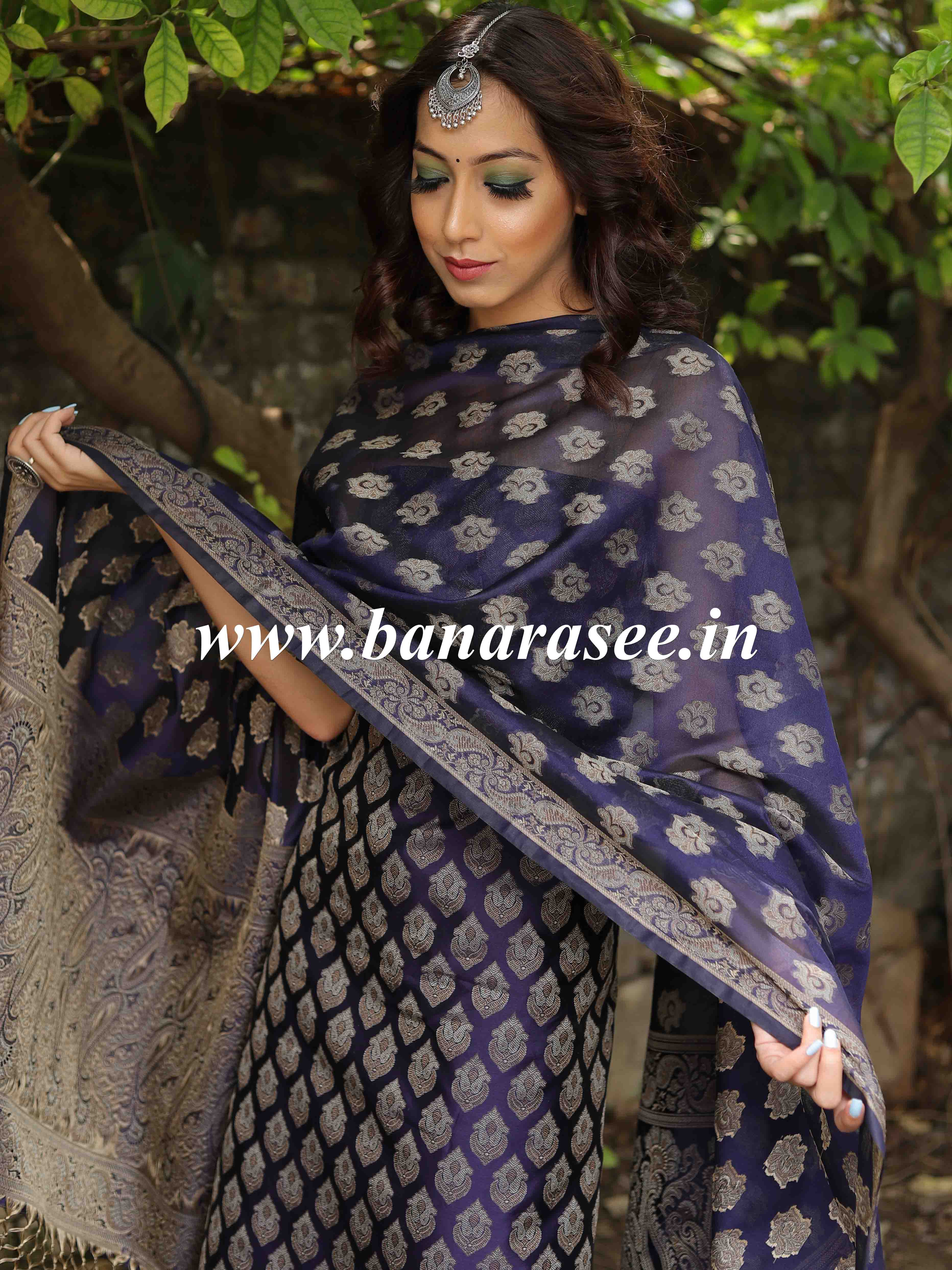 Banarasee Semi-Silk Salwar Kameez Fabric With Resham Design-Blue