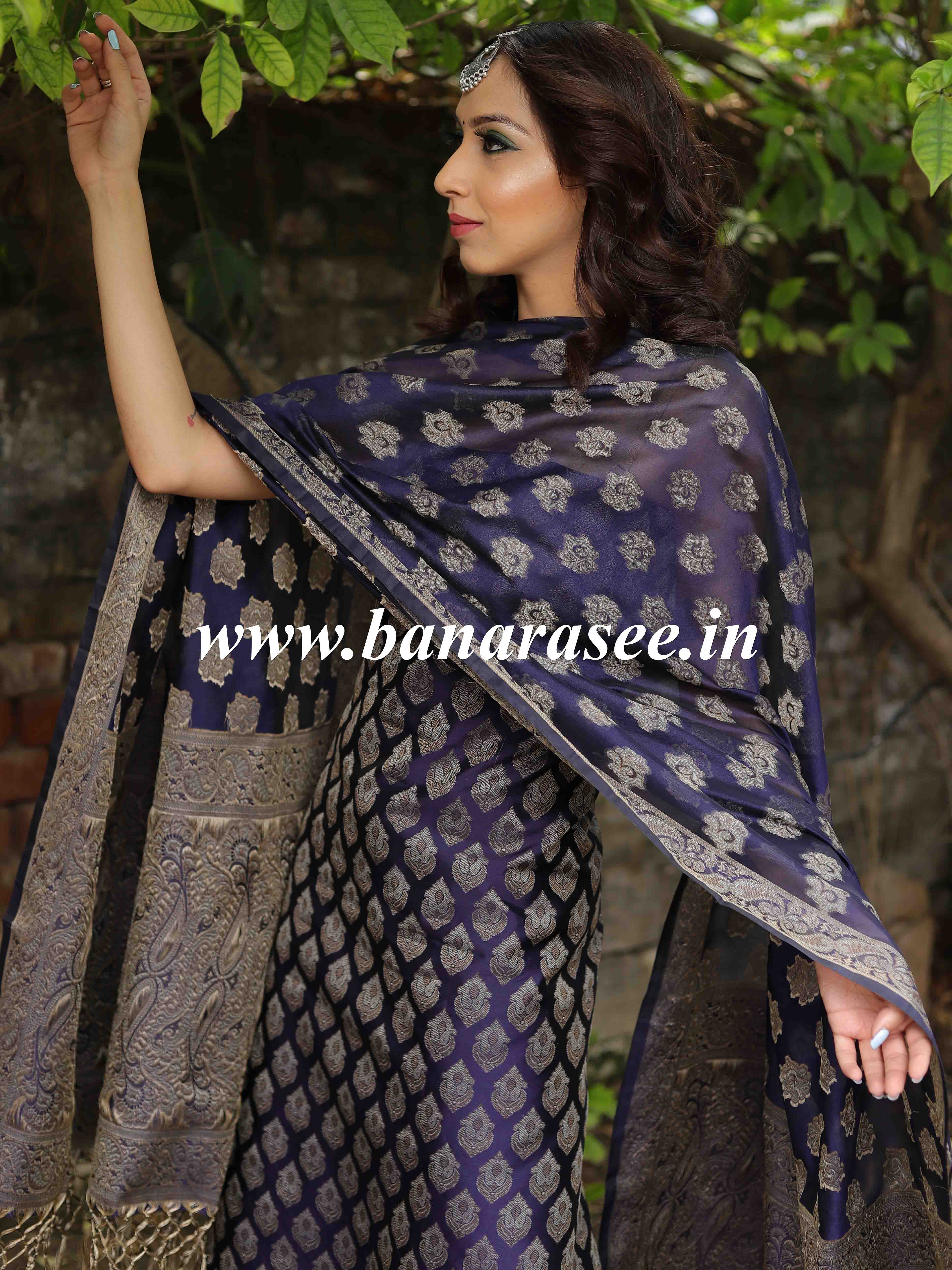 Banarasee Semi-Silk Salwar Kameez Fabric With Resham Design-Blue
