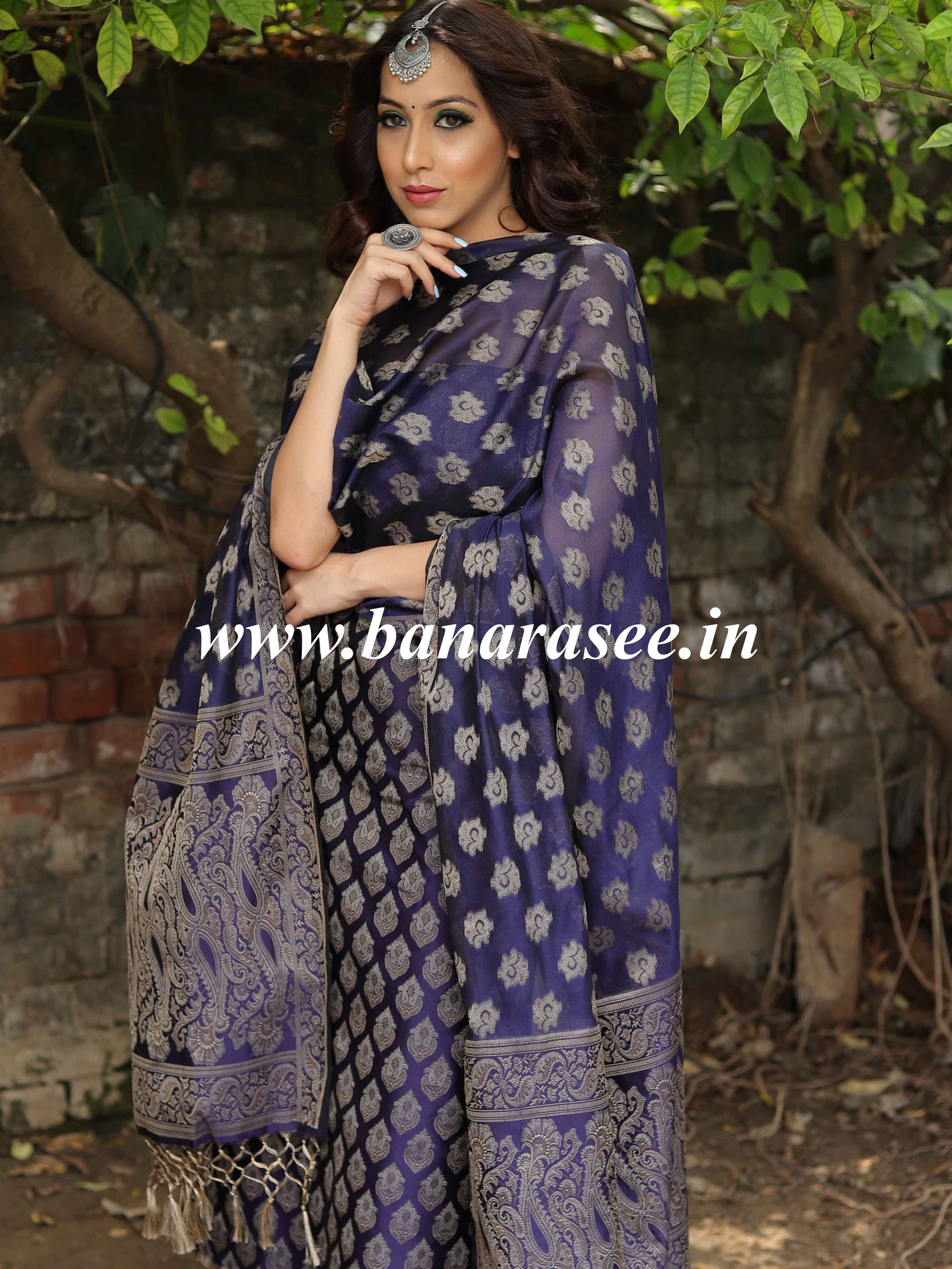 Banarasee Semi-Silk Salwar Kameez Fabric With Resham Design-Blue