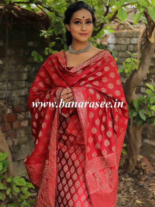 Banarasee Semi-Silk Salwar Kameez Fabric With Resham Design-Red