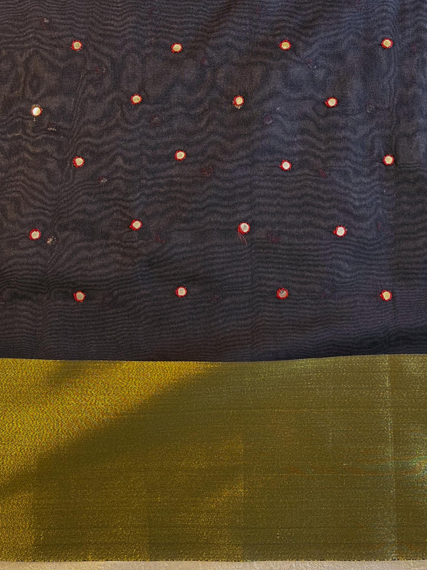 Banarasee Chanderi Cotton Zari Border Embroidered Saree-Black