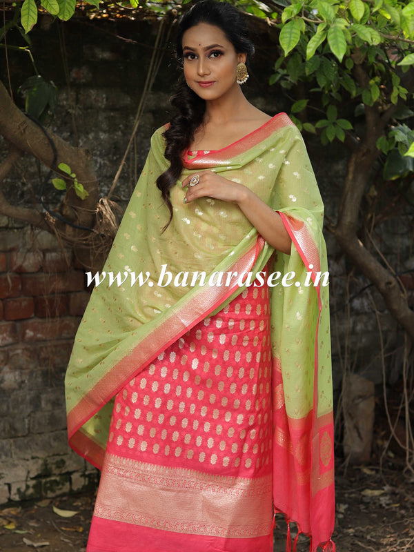 Banarasee Handloom Chanderi Cotton Zari Work Salwar Kameez Dupatta Set-Green & Peach