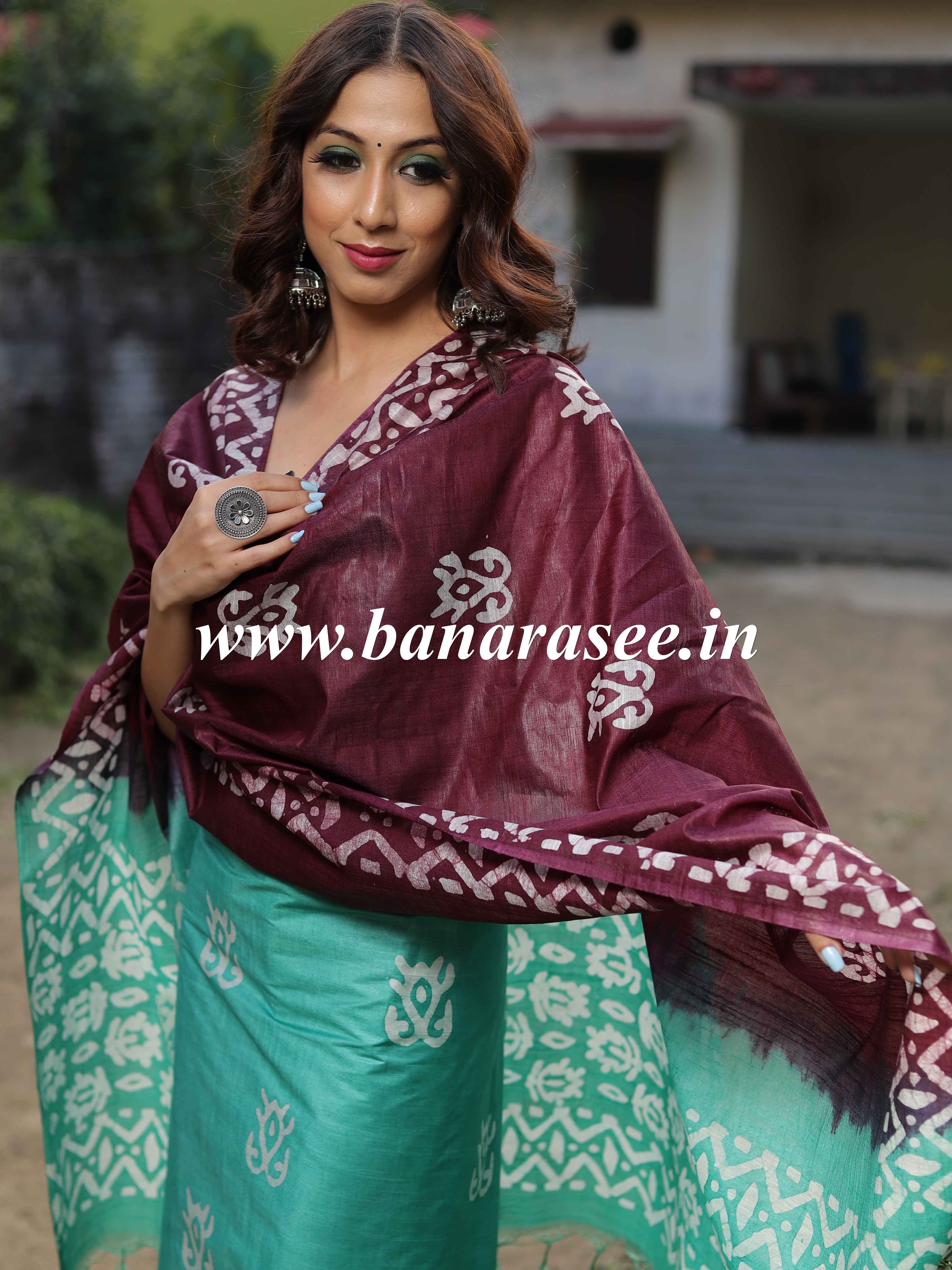 Handloom Khadi Cotton Hand-Dyed Batik Pattern Salwar Kameez Dupatta Set-Green & Wine