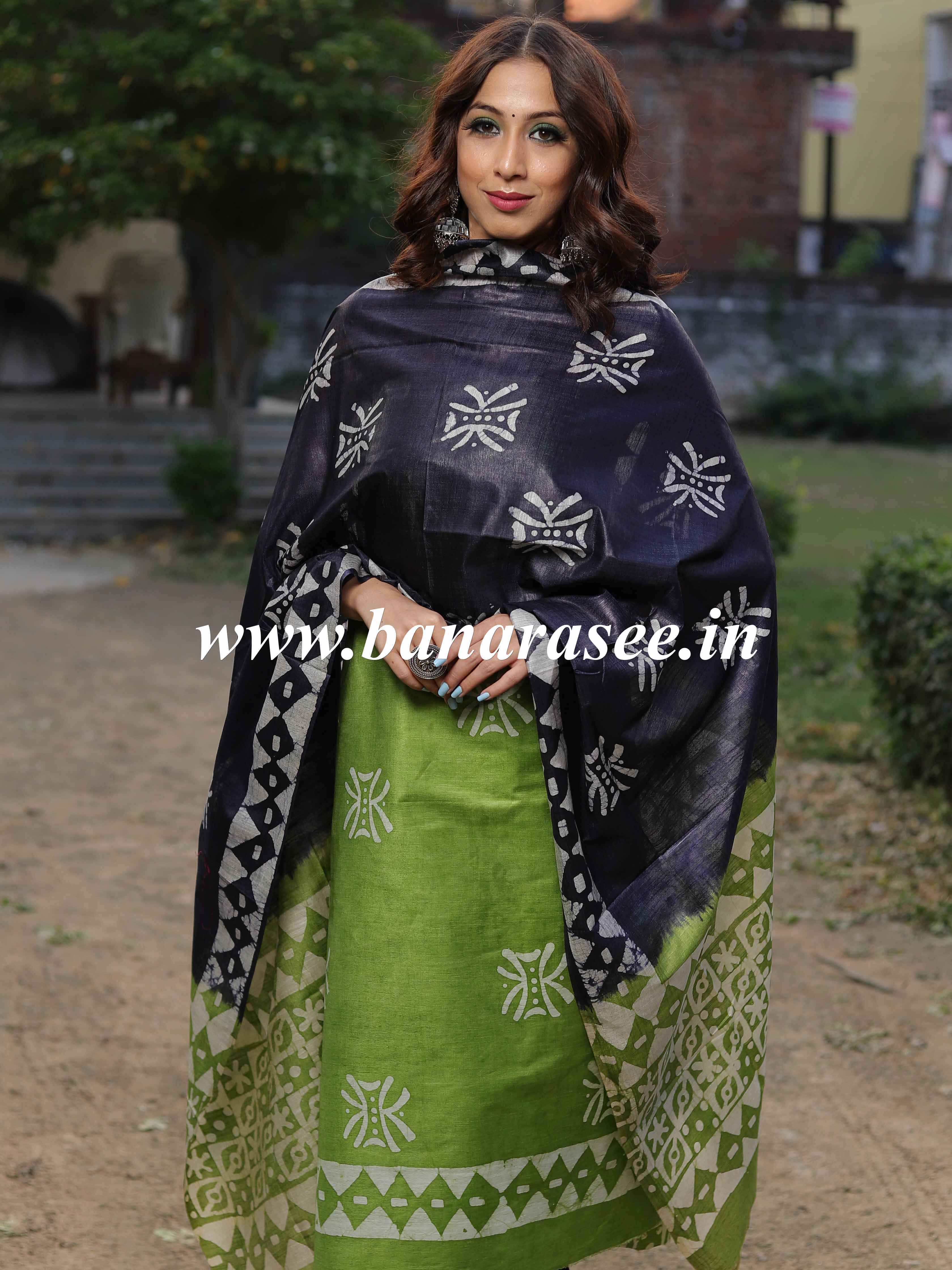 Handloom Khadi Cotton Hand-Dyed Batik Pattern Salwar Kameez Dupatta Set-Green & Blue