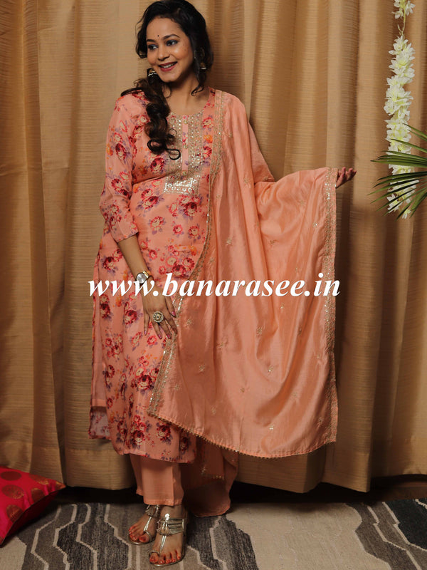 Banarasee Muslin Silk Printed Suit Set-Peach