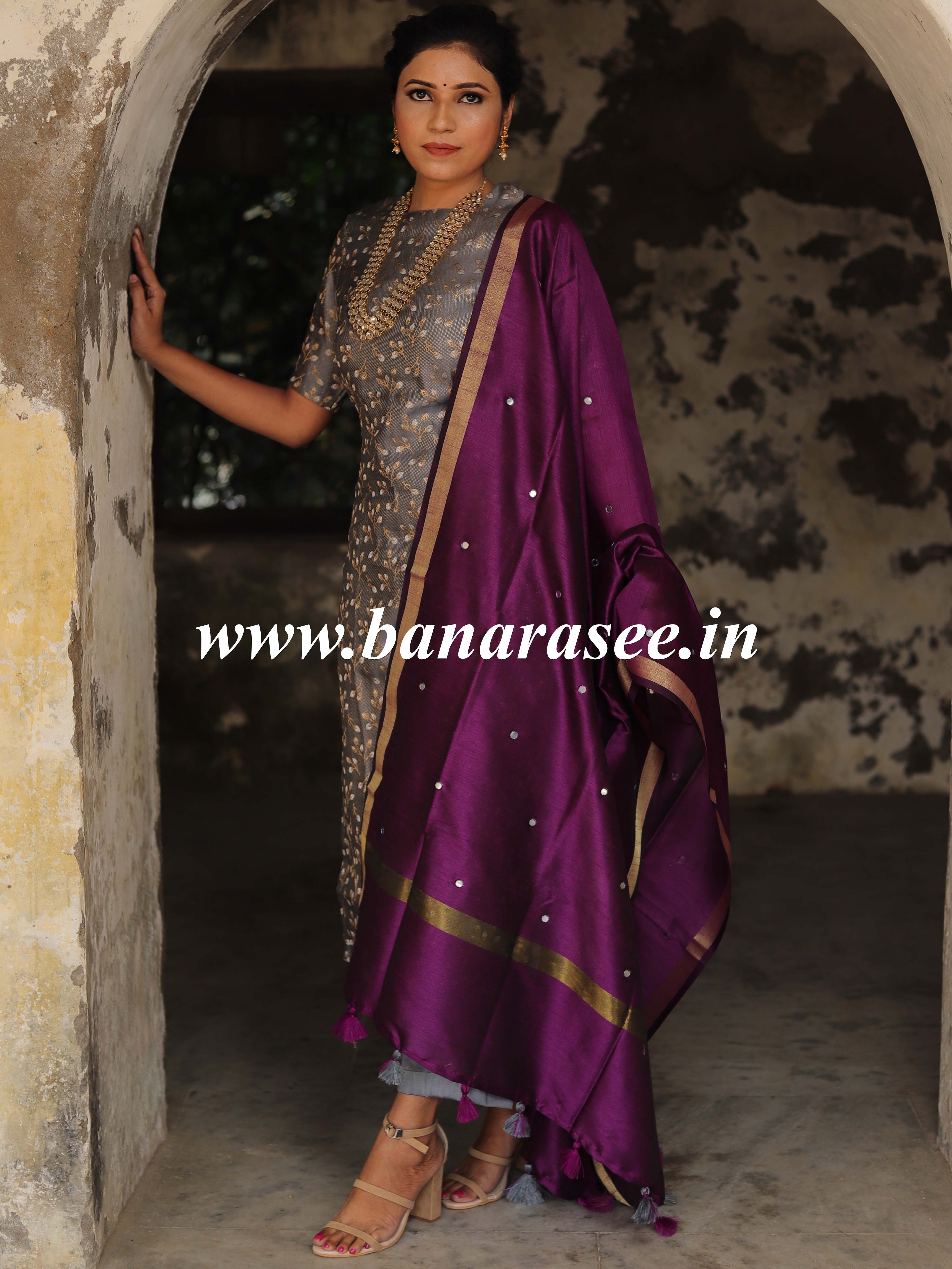 Banarasee Brocade Salwar Kameez Fabric With Art Silk Mirror-Work Dupatta-Grey & Violet