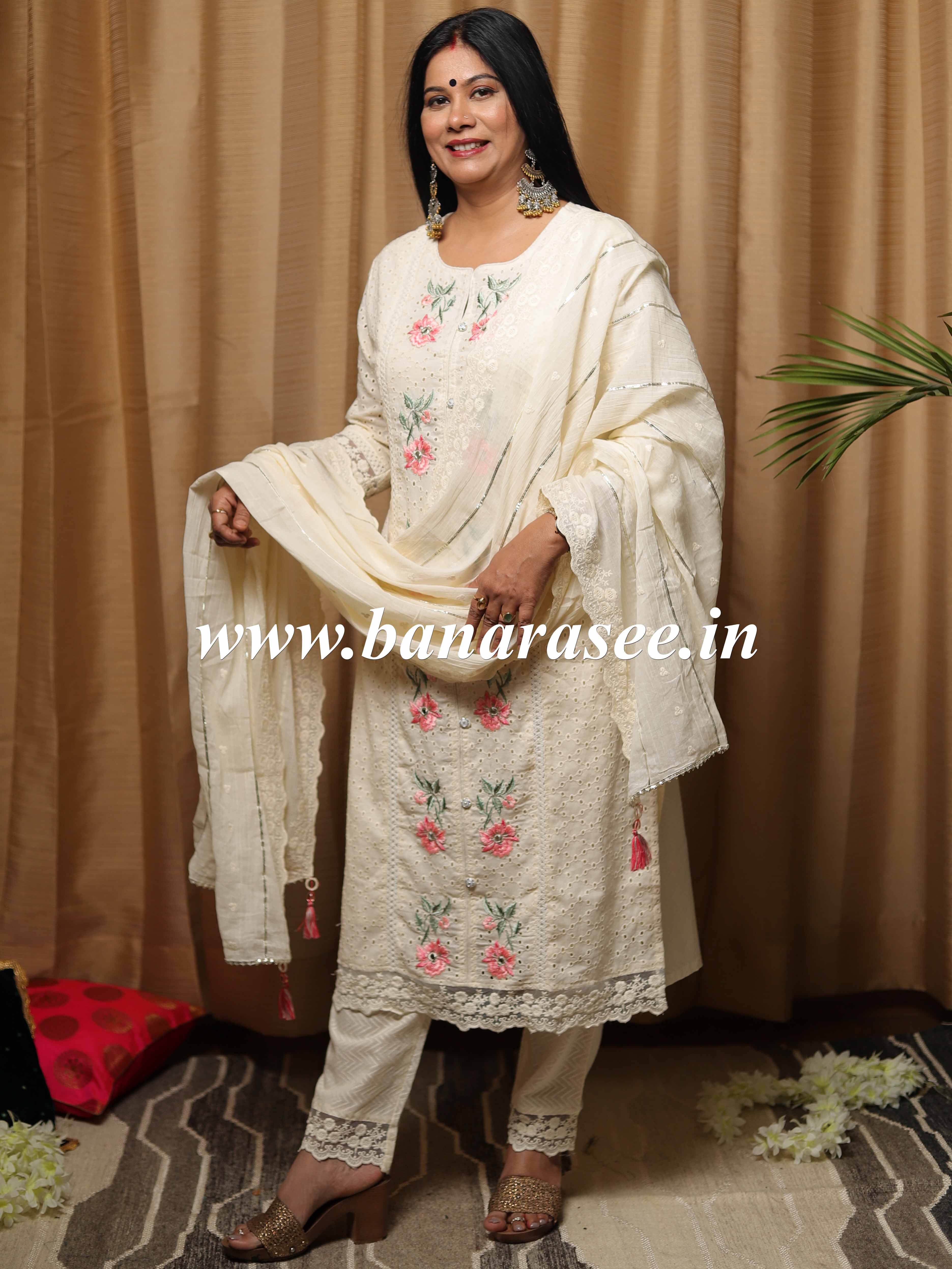 Banarasee Cotton Kurta Pants With Dupatta Suit Set-White