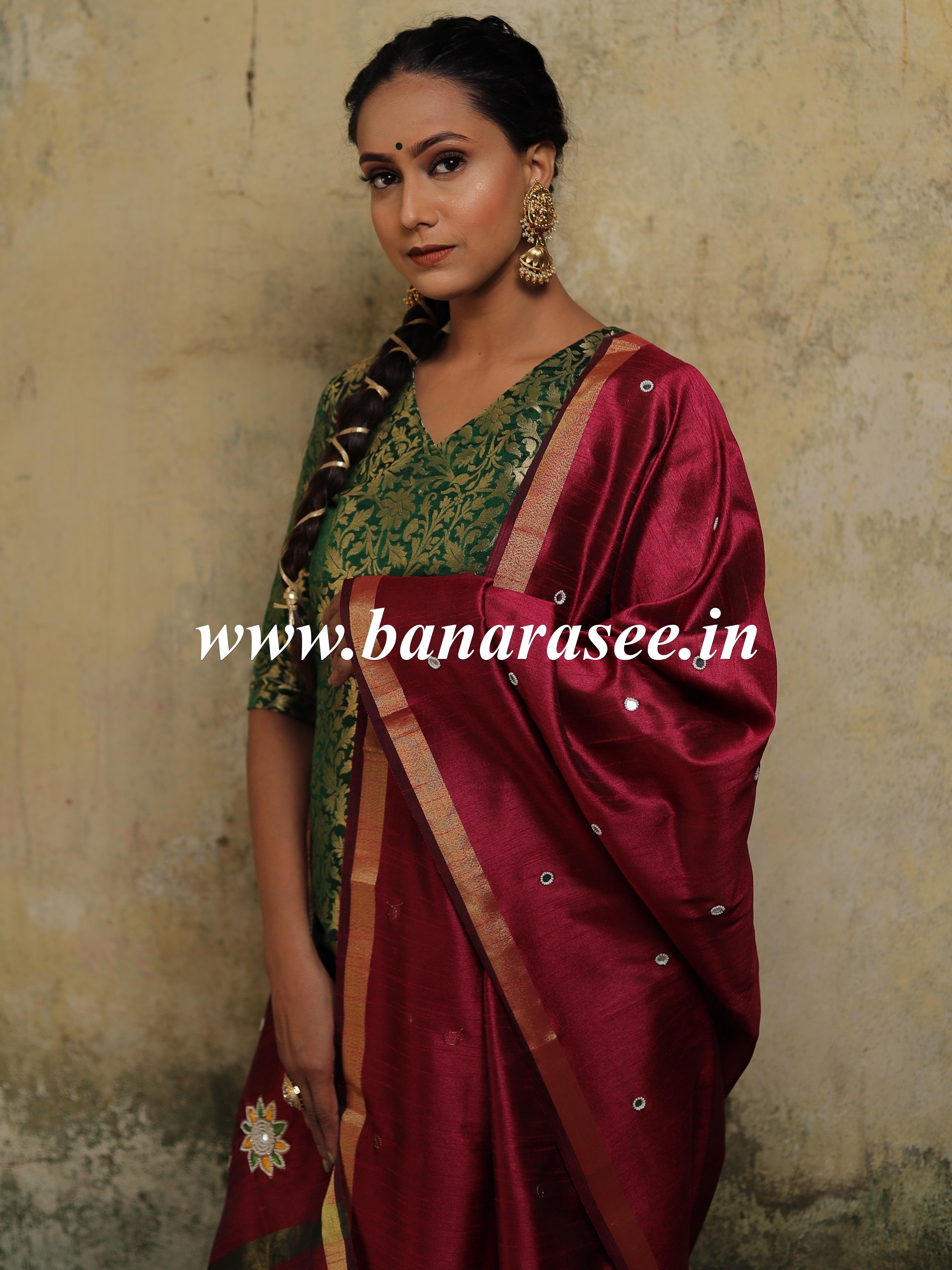 Banarasee Silk Brocade Salwar Kameez Fabric With Hand-Embroidered Dupatta-Green & Wine