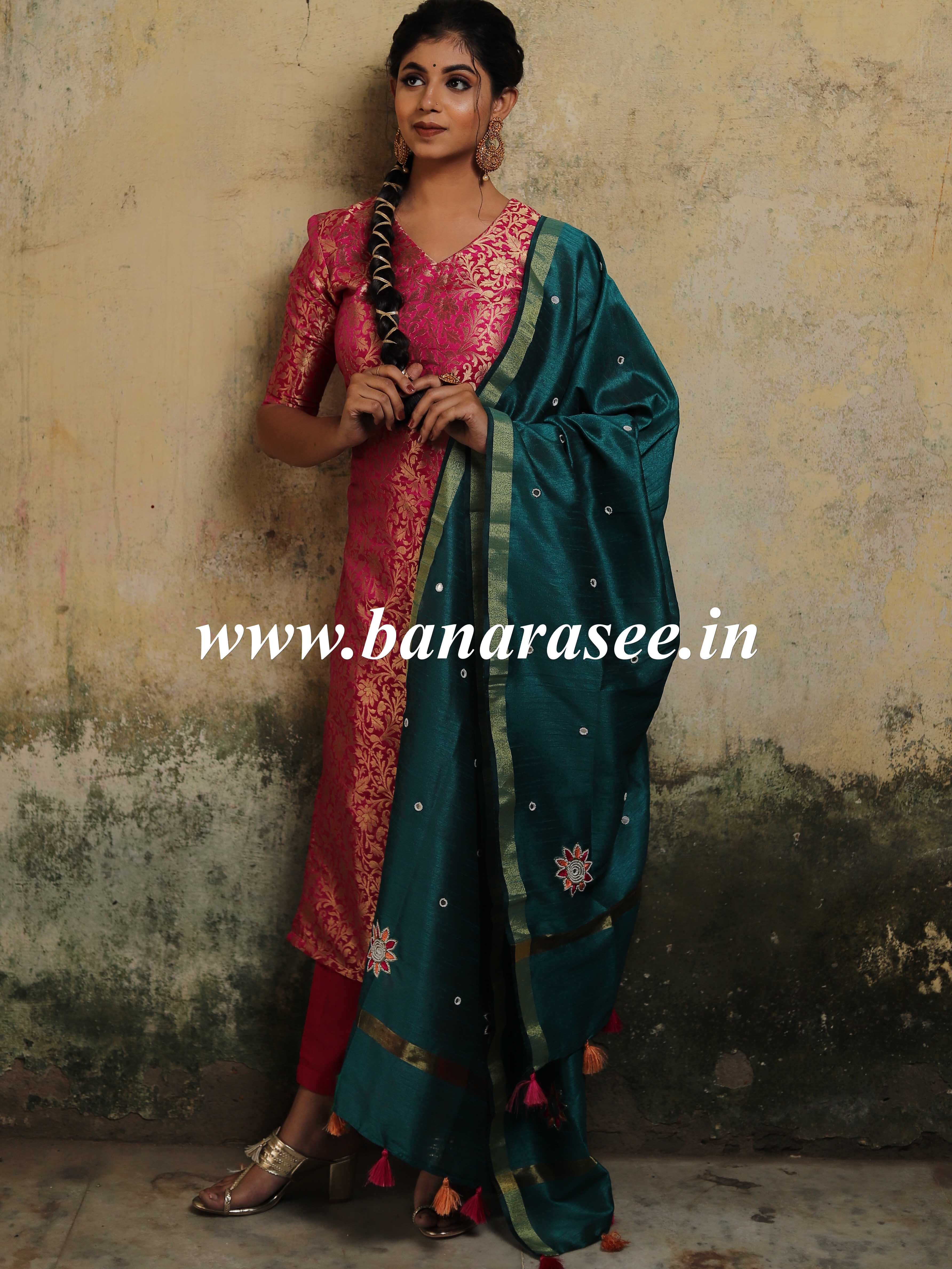 Banarasee Silk Brocade Salwar Kameez Fabric With Hand-Embroidered Dupatta-Hot Pink & Teal