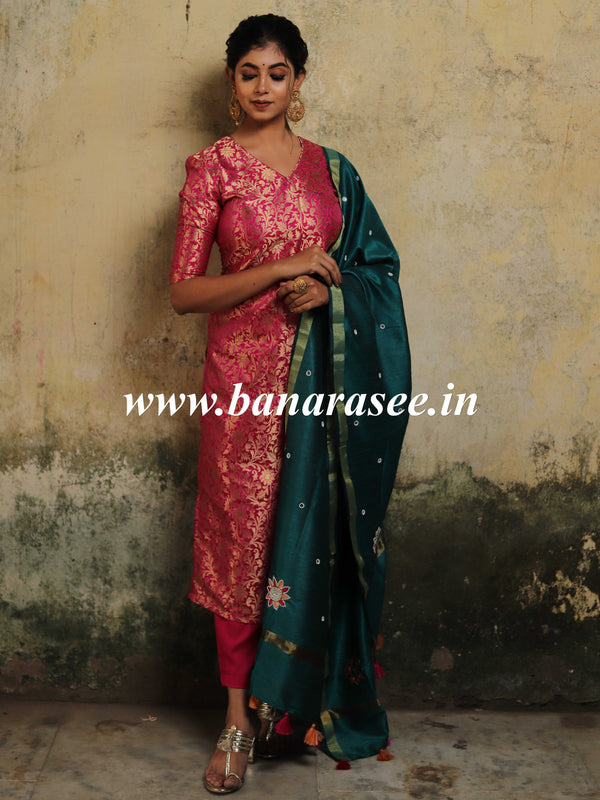 Banarasee Silk Brocade Salwar Kameez Fabric With Hand-Embroidered Dupatta-Hot Pink & Teal