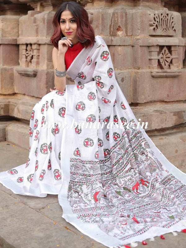 Bhagalpuri Handloom Pure Linen Cotton Block Printed Saree-White