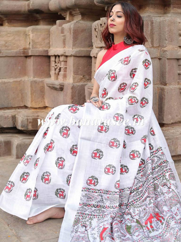 Bhagalpuri Handloom Pure Linen Cotton Block Printed Saree-White