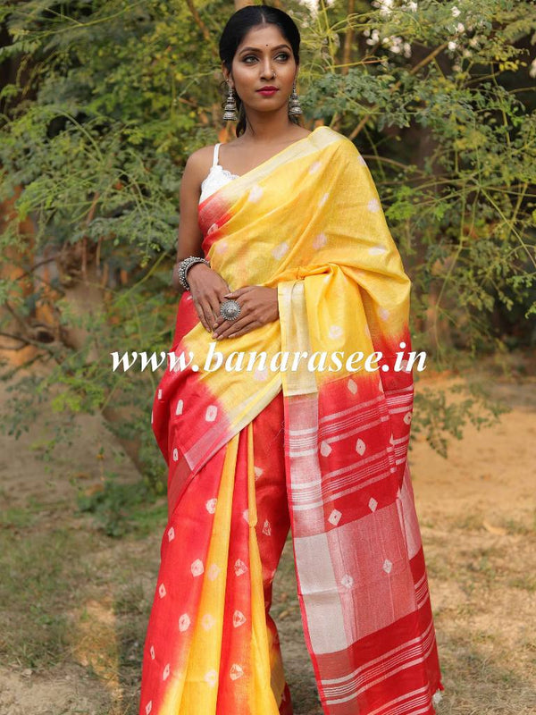 Bhagalpur Handloom Pure Linen Cotton Hand-Dyed Shibori Pattern Saree-Red & Yellow