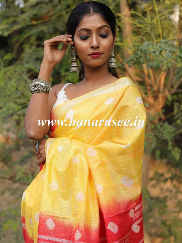 Bhagalpur Handloom Pure Linen Cotton Hand-Dyed Shibori Pattern Saree-Red & Yellow