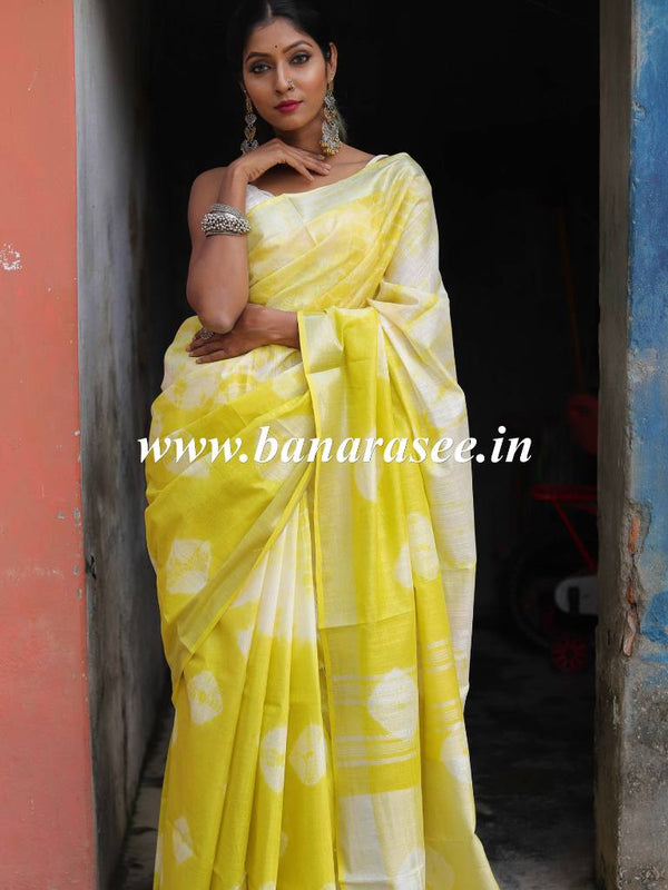 Bhagalpur Handloom Pure Linen Cotton Hand-Dyed Shibori Pattern Saree-Yellow