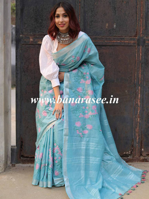 Bhagalpuri Handloom Linen Cotton Floral Embroidered Saree-Sky Blue
