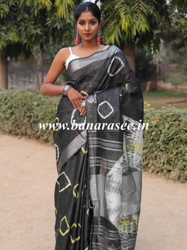 Bhagalpur Handloom Pure Linen Cotton Hand-Dyed Shibori Pattern Saree-Black