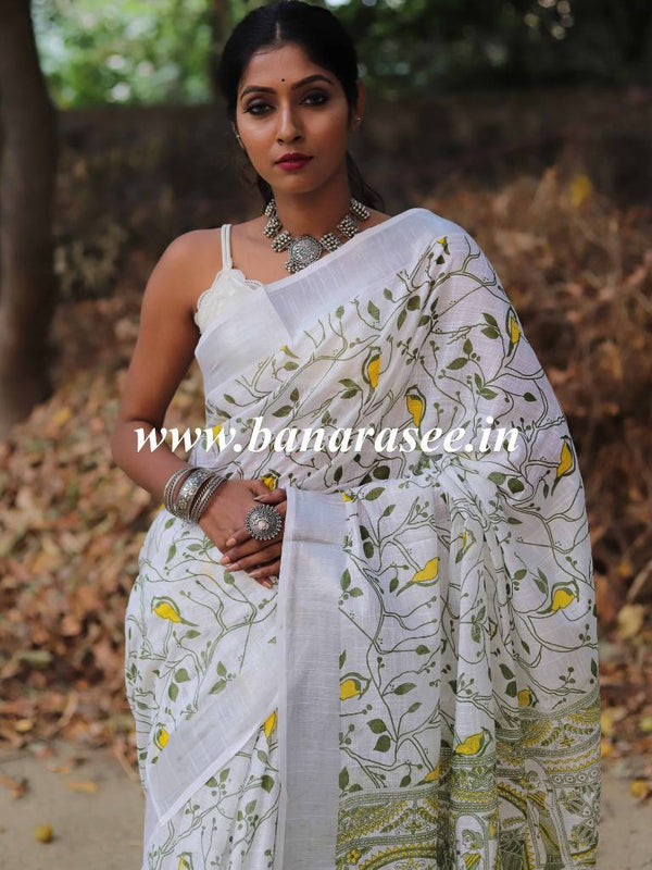 Bhagalpuri Handloom Pure Linen Cotton Block Printed Saree-White