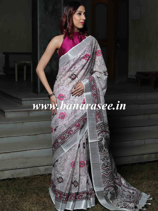 Bhagalpuri Handloom Pure Linen Cotton Block Printed Saree-White