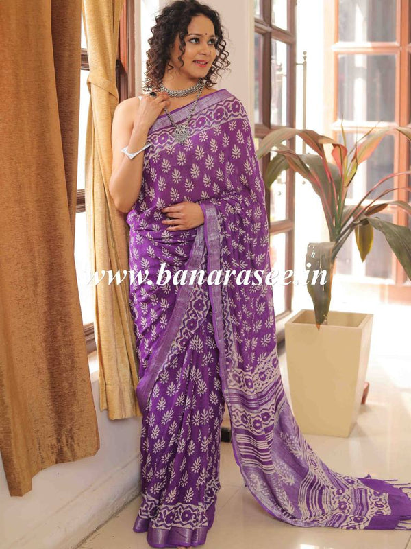 Linen Cotton Bagru Hand-Block Printed Saree-Purple