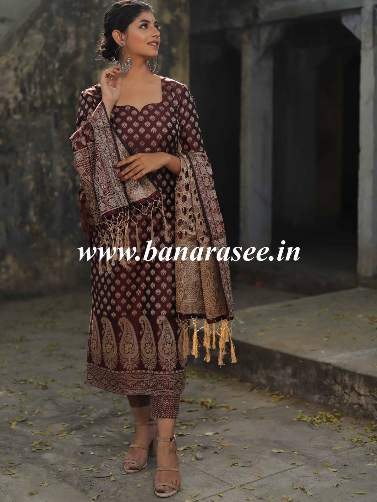 Banarasee Salwar Kameez Cotton Silk Resham Buti Woven Fabric-Wine