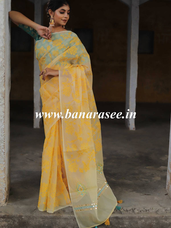 Banarasee Handwoven Organza Silk Embroidered Saree With Contrast Silk Cotton Blouse-Yellow & Green