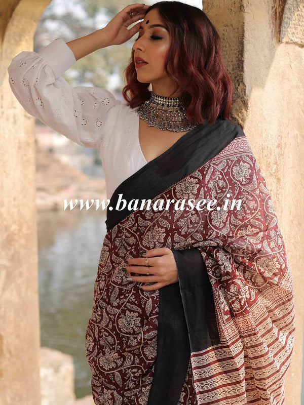 Handloom Mul Cotton Block Print Saree-Brown