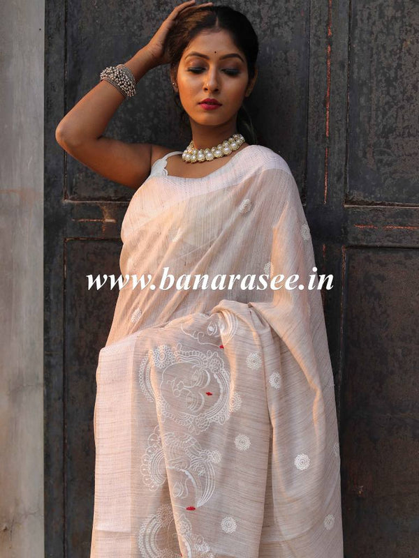 Bhagalpur Cotton Silk Ghichha Work Embroidered Saree-Beige
