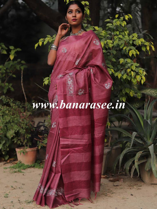 Bhagalpur Cotton Silk Ghichha Work Embroidered Saree-Rouge Pink