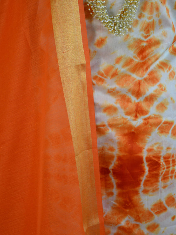 Banarasee Shibori Dyed Chanderi Salwar Kameez Fabric With Cotton Silk Dupatta-Orange