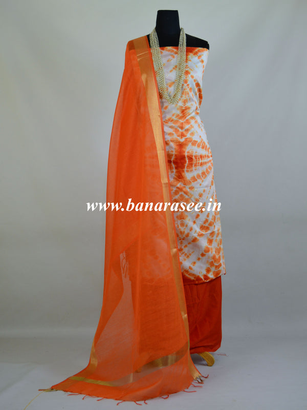 Banarasee Shibori Dyed Chanderi Salwar Kameez Fabric With Cotton Silk Dupatta-Orange