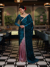 Banarasee Mirror Embroidered Velvet & Tissue Saree-Teal Blue