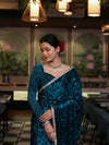 Banarasee Mirror Embroidered Velvet & Tissue Saree-Teal Blue