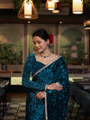 Banarasee Mirror Embroidered Velvet & Tissue Saree-Teal Blue