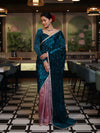 Banarasee Mirror Embroidered Velvet & Tissue Saree-Teal Blue